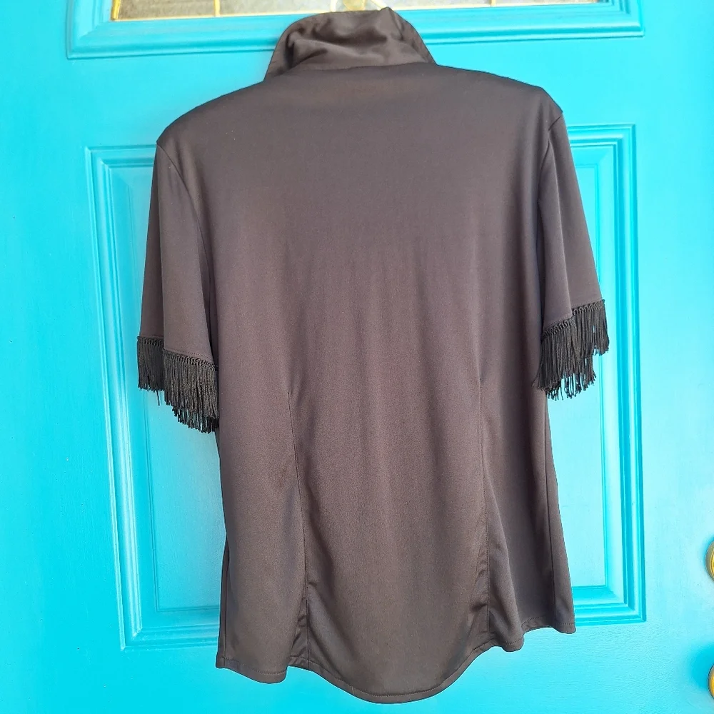Vintage Blouse Fringe Sleeves Button Down Fitted Top Exagerated Flowy Trim M - Picture 5 of 17